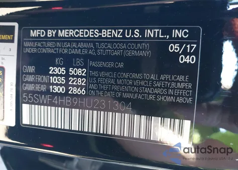 2017 Mercedes-Benz C 350E из США, поврежденный, VIN 55SWF4HB9HU231304
